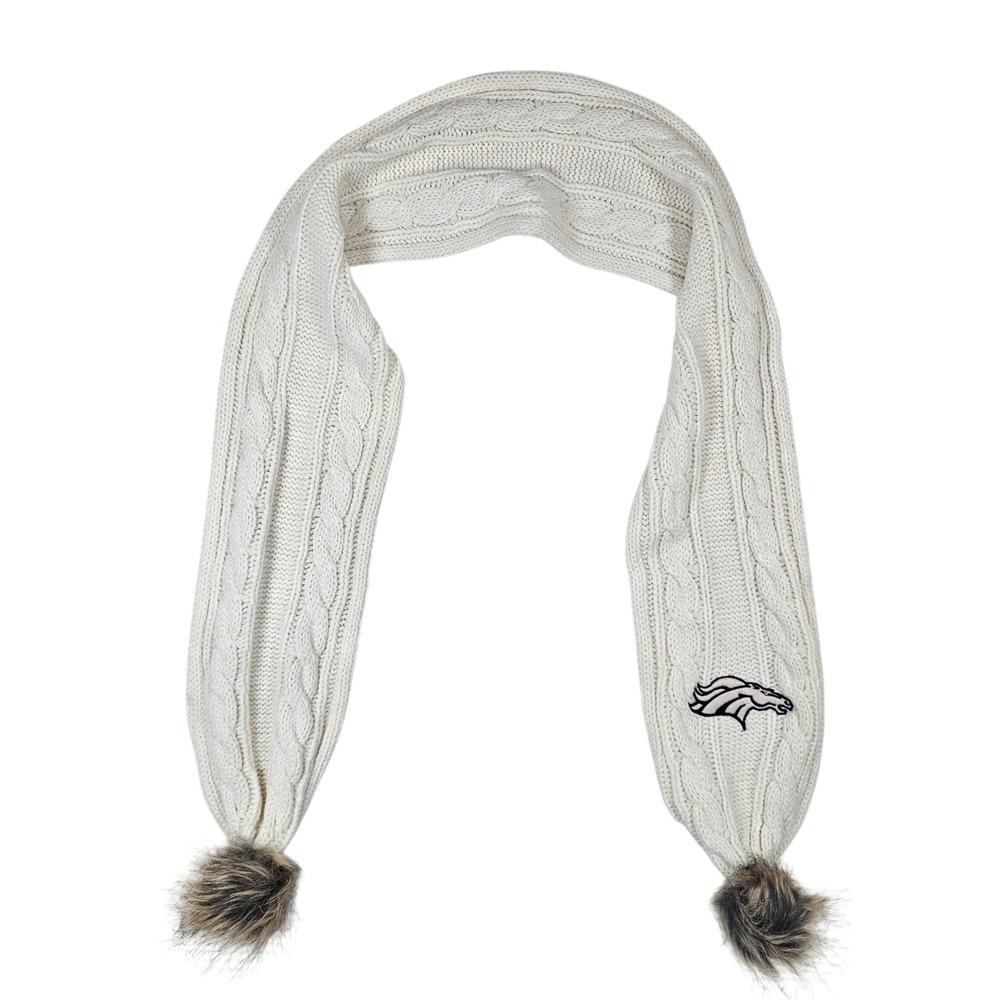 Denver Broncos NFL Team Apparel Womens Cream Cable Knit Scarf Faux Fur Pom Poms